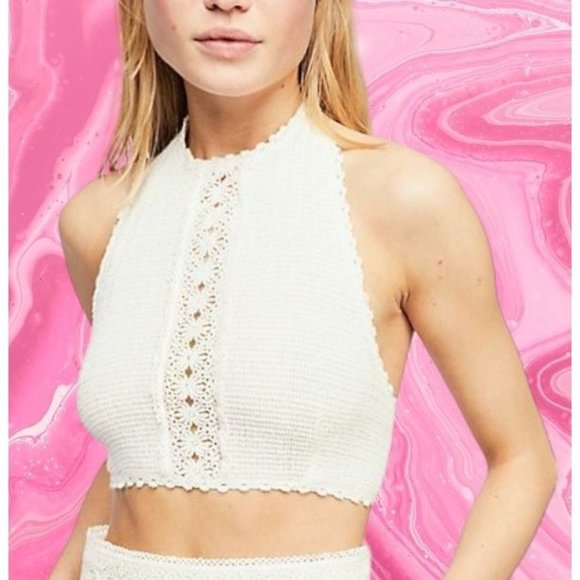 Free People Tops - Free People FEELIN CHEEKY Halter Top MEDIUM Crochet Boho IVORY